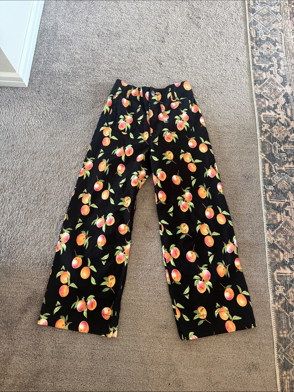 Maeve Black Wide-Leg Pants with Orange Fruit Print